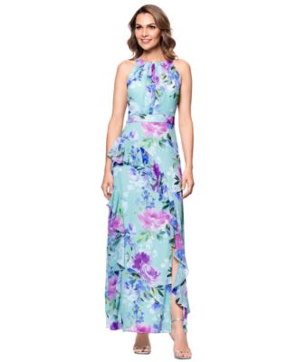 B&A By Betsy and Adam - Petite Printed Halter-Neck Ruffled Sleeveless Gown