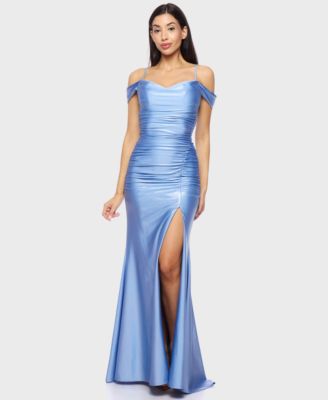 B Darlin - Juniors' Off-The-Shoulder Slit-Front Ruched Gown