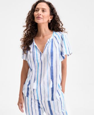 Style & Co - Women's Cotton Stripe Split-Neck Flutter-Sleeve Top