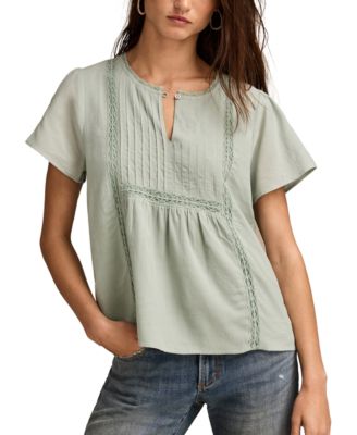 Lucky Brand - Women's Cotton Pleated Split-Neck Peasant Top