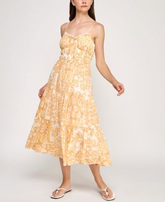 Trixxi - Juniors' Gauze Printed Spaghetti Strap Tiered Midi Dress