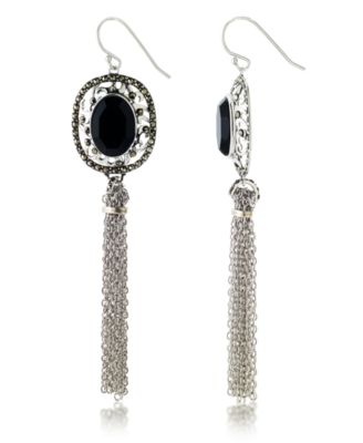 Macy's - Marcasitre Faceted Onyx Tassel Wire Earrings in Sterling Silver