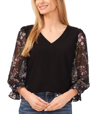 CeCe - Women's Floral V-Neck Mix-Media 3/4-Sleeve Knit Top