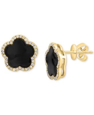 EFFY Collection - Onyx & Diamond (1/5 ct. t.w.) Flower Halo Stud Earrings in 14k Gold