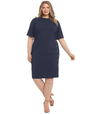 London Times - Plus Size Button-Trim Sheath Dress