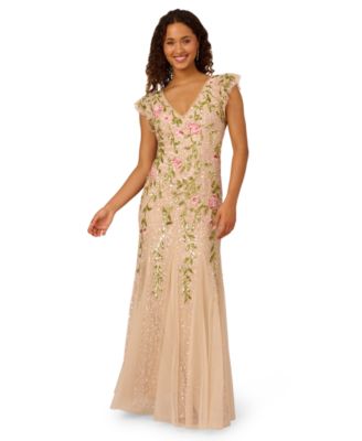 Adrianna Papell - Women's Beaded Mesh Flutter-Sleeve Gown