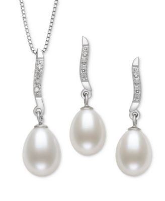 Belle de Mer - 2-Pc. Set Cultured Freshwater Pearl (7-8mm) & Lab Created White Sapphire (1/3 ct. t.w.) Pendant Necklace & Matching Drop Earrings in Sterling Silver