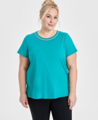 JM Collection - Plus Size Cotton Rhinestone-Trim T-Shirt