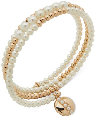 Anne Klein - Gold-Tone & Imitation Pearl Disc Charm Beaded Coil Bracelet