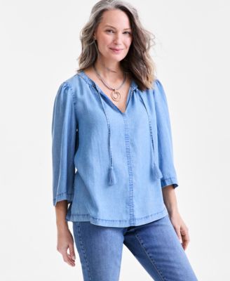 Style & Co - Women's Easy Split-Neck Tassel-Tie Top