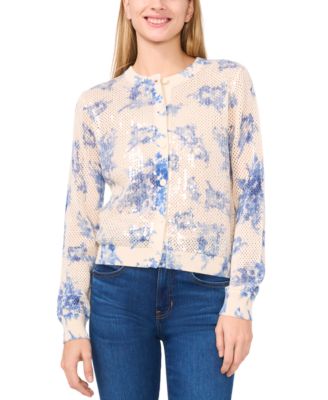CeCe - Women's Long-Sleeve Sequin Pointelle Cardigan