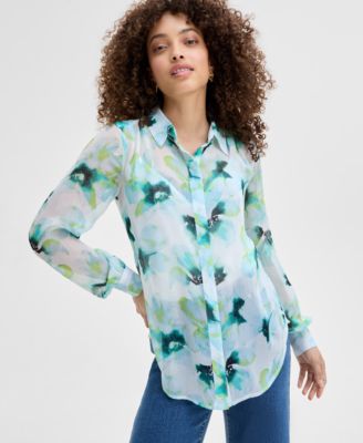 I.N.C. International Concepts - Petite Printed Long-Sleeve Blouse