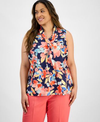 Tahari ASL - Plus Size Sailor Tie-Neck Sleeveless Blouse
