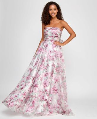 City Studios - Juniors' Pleated Strapless Floral-Print Gown