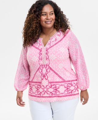 JM Collection - Plus Size Printed Embellished Paradise V-Neck Top