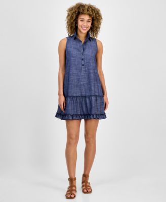 Robbie Bee - Women's Button-Front Ruffled-Hem Dress