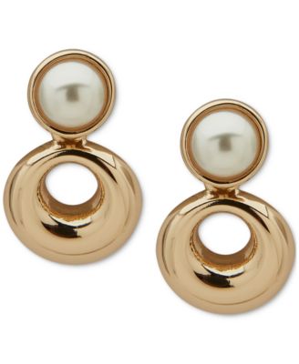 Anne Klein - Gold-Tone Imitation Pearl Button Open Circle Drop Earrings