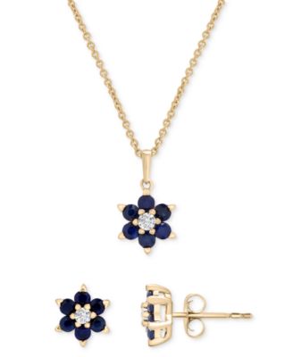 Macy's - Blue Sapphire (5/8 ct. t.w.) & White Sapphire (1/6 ct. t.w.) Flower Pendant Necklace & Stud Earrings Set in 14k Gold over Sterling Silver