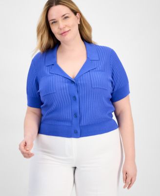Tahari ASL - Plus Size Short-Sleeve Pointelle Cardigan