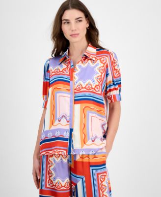 T Tahari - Women's Printed Short-Sleeve Button Blouse