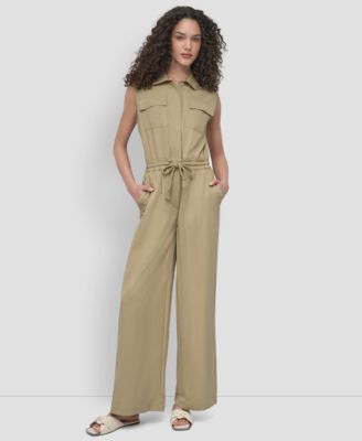 DKNY - Women's Twill Button-Front Drawstring-Waist Jumpsuit