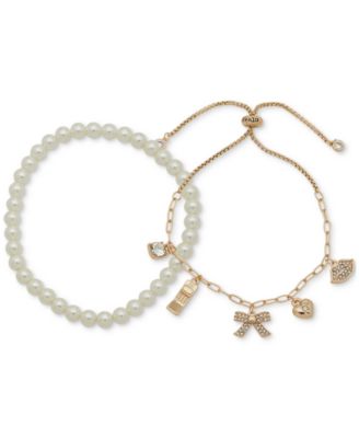 Clueless - Gold-Tone 2-Pc. Set Crystal Charm Slider & Imitation Pearl Beaded Stretch Bracelets