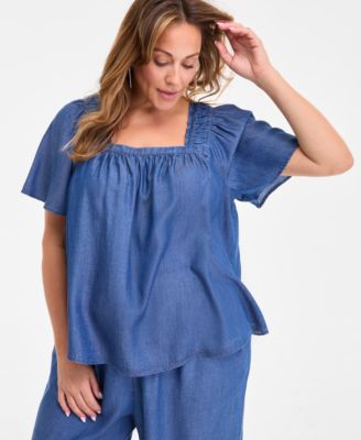 Style & Co - Plus Size Smocked-Square-Neck Short-Sleeve Cotton Top