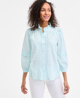 Style & Co - Women's Cotton Eyelet-Front 3/4-Puff Sleeve Blouse