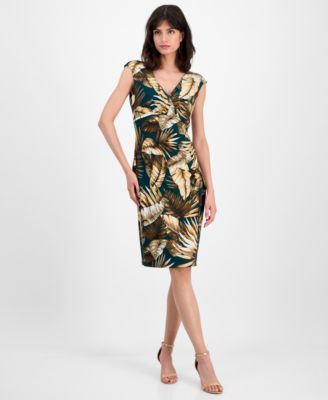 Connected - Women's Printed Cap-Sleeve Faux-Wrap Sheath Dress