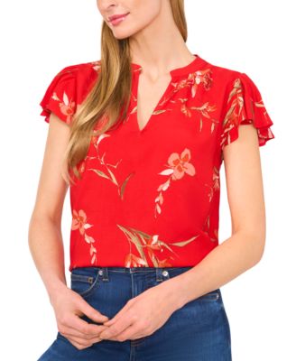 CeCe - Women's Floral Print Flutter-Sleeve Blouse