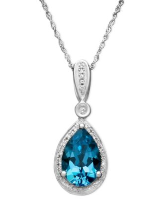 Macy's - Blue Topaz (3 ct. t.w.) and Diamond (1/10 ct. t.w.) Teardrop Pendant Necklace in 14k White Gold (Also in Mystic Topaz)