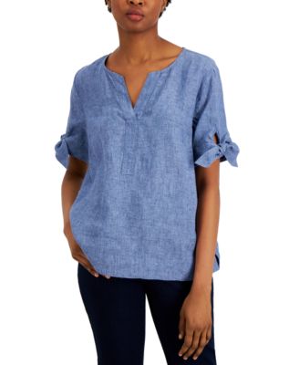 Charter Club - Petite Linen Split-Neck Top