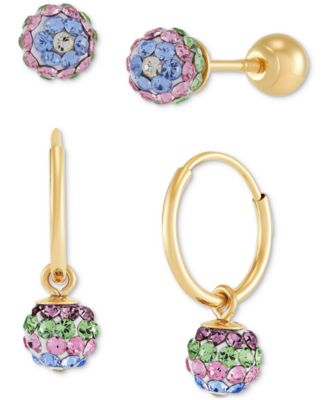 Macy's - Children's 2-Pc Set Multicolor Crystal Reversible Stud & Dangle Hoop Earrings in 14k Gold