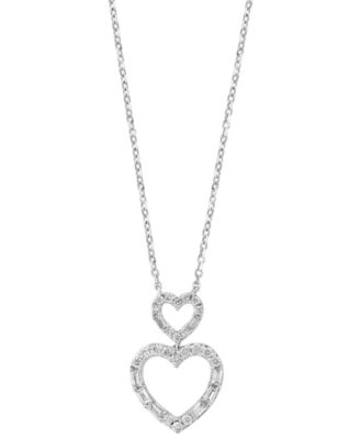 EFFY Collection - Diamond Round & Baguette Double Heart Pendant Necklace (1/4 ct. t.w.) in 14k White Gold, 17-1/2" + 1/2" extender