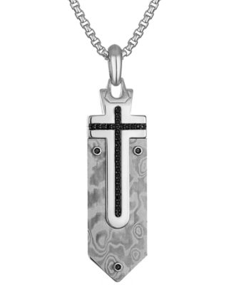Bulova - Men's Black Diamond Damascus Sword Pendant Necklace (1/6 ct. t.w.) in Sterling Silver-Plate, 24" + 2" extender, BVP1079-WMMAA