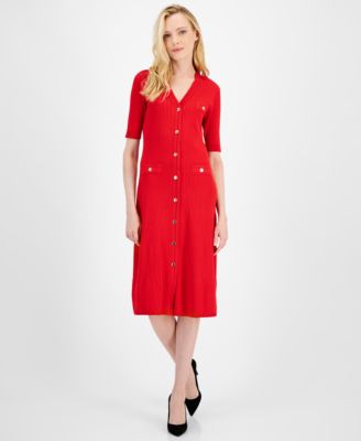 Anne Klein - Women's Ribbed Button-Front A-Line Dress