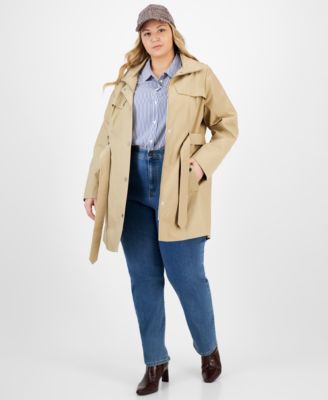 London Fog - Plus Size Zip-Front Hooded Belted Trench Coat