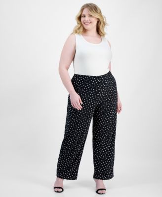 AK Anne Klein - Plus Size Dot-Print Pull-On Wide-Leg Pants