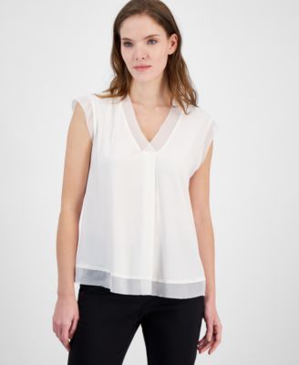 Anne Klein - Women's Extended-Shoulder Mixed-Media Top