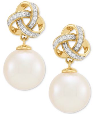 Honora - Cultured Ming Pearl (10mm) & Diamond (1/8 ct. t.w.) Love Knot Drop Earrings in 10k Gol