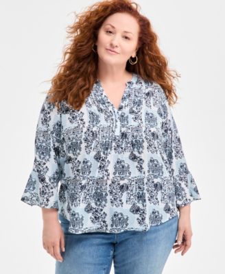 Style & Co - Plus Size Pleated-Front Bell-Sleeve Top