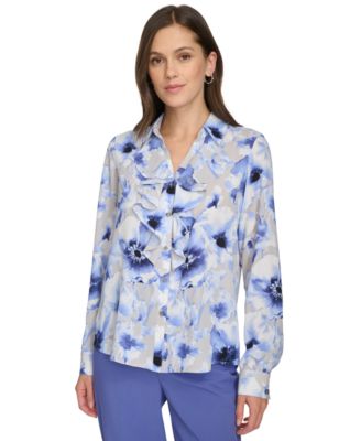 Calvin Klein - Women's Printed Ruffle-Collar Blouse