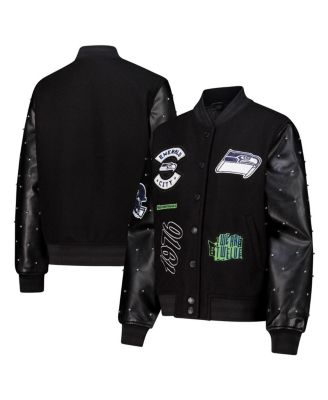 The Wild Collective - Women's Black Seattle Seahawks Varsity Full-Snap Sparkle Jacket