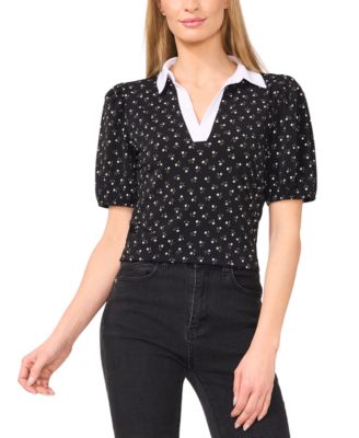 CeCe - Women's Printed Contrast-Collar Puff-Sleeve Top