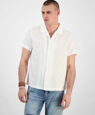 GUESS - Men's Mosley Regular-Fit Textured Embroidered Floral Button-Down Camp Shirt