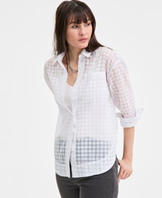 On 34th - Women's Floral-Burnout Semi-Sheer Blouse