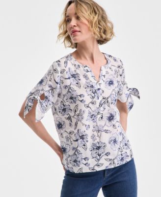 Charter Club - Women's Hibiscus Garden Linen Tie-Sleeve Top, Exclusively at Macy's