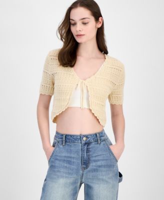 Ultra Flirt - Juniors' Pointelle-Knit Tie-Front Cardigan