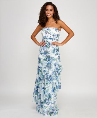 Emerald Sundae - Juniors' Sequin Embellished Floral Print Ruffled Strapless Gown