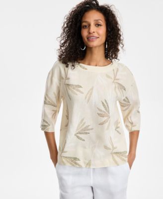 Charter Club - Women's Palm-Print Linen Top